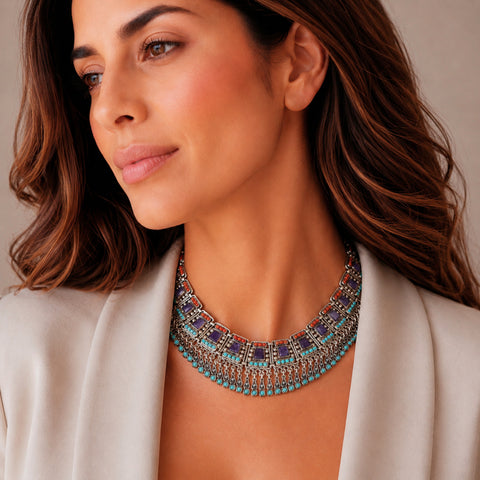 Collar en plata de ley con piedras Amatista, Turquesa y Coral