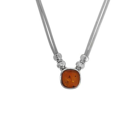 Collar doble hilo en plata de ley con cuadro piedra ámbar