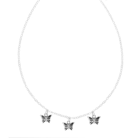 Collar con mariposas y estrellas en plata de ley acabado oxidado
