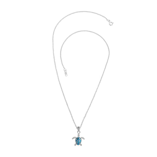 Collar tortuga de mar chica en plata de ley con ópalo azul