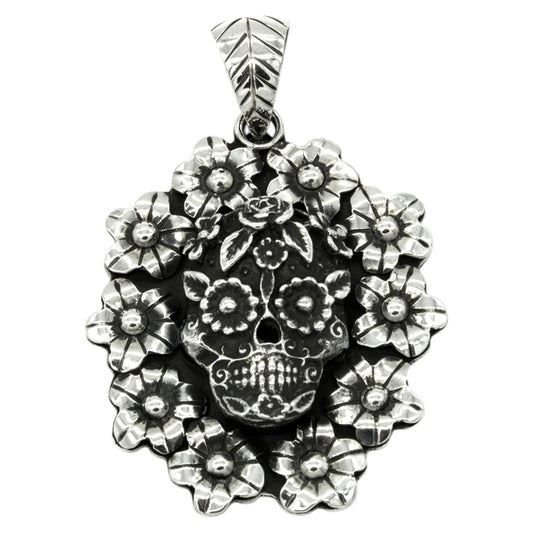 Dije calavera con flores acabado oxidado plata .925