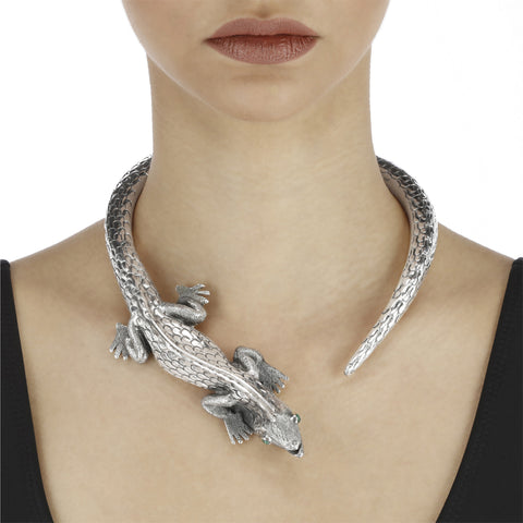 Gargantilla diseño Iguana Plata .925 con ojos Malaquita
