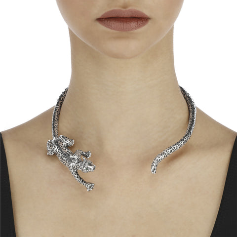 Gargantilla Jaguar plata .925 con ojos de Esmeralda