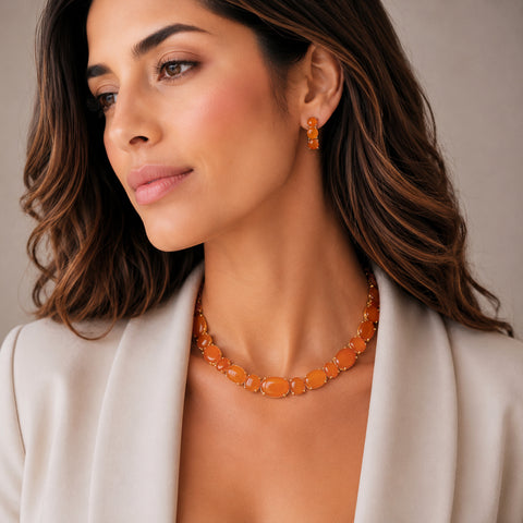 Juego de collar, pulsera y aretes de calcedonia naranja