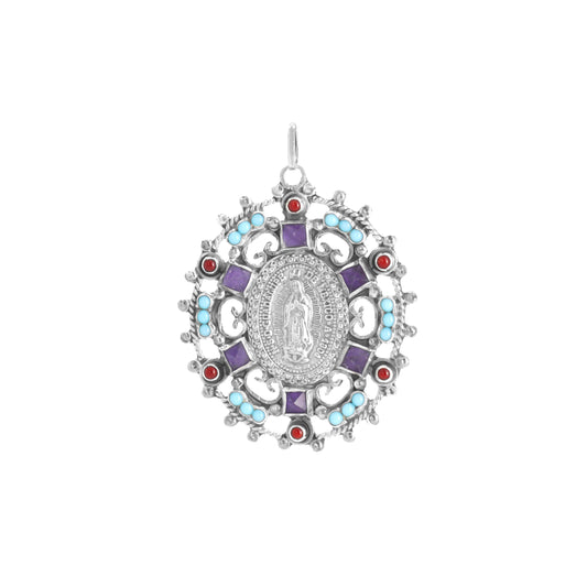 Medalla redonda Virgen de Guadalupe en plata con piedras naturales