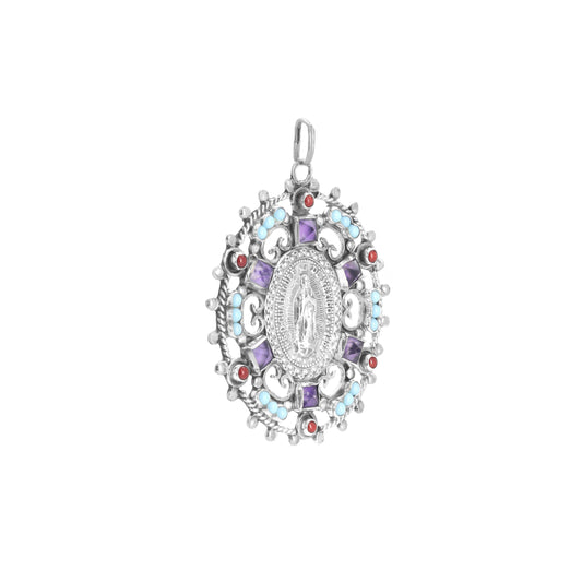 Medalla redonda Virgen de Guadalupe en plata con piedras naturales