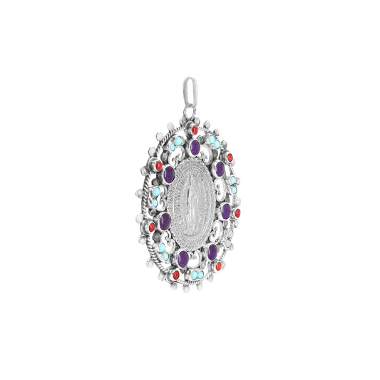 Medalla Virgen de Guadalupe en plata con piedras Amatista, Turquesa y Coral