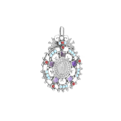 Medalla redonda en plata .925 con piedra amatista, turquesa y coral