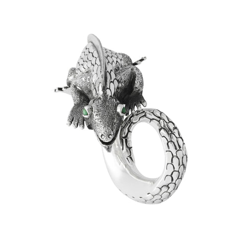 Brazalete diseño Iguana Plata .925 con ojos Malaquita