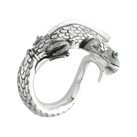 Brazalete diseño Iguana Plata .925 con ojos Malaquita