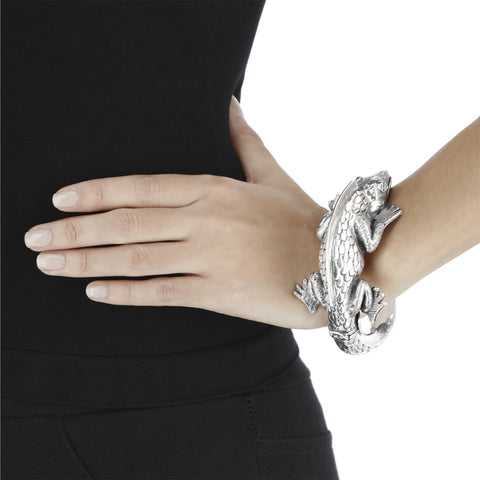 Brazalete diseño Iguana Plata .925 con ojos Malaquita