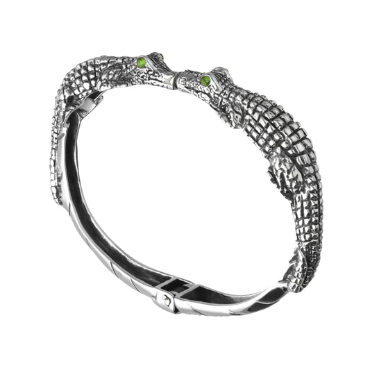 Brazalete doble de cocodrilo plata de ley con piedra natural