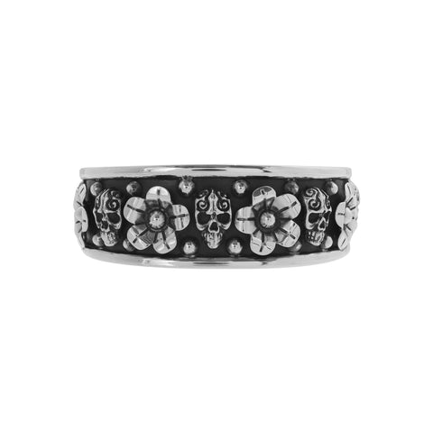Brazalete ajustable con flores en acabado oxidado en plata