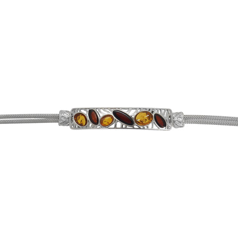 Pulsera doble hilo en plata de ley con dije rectángular en piedra ámbar