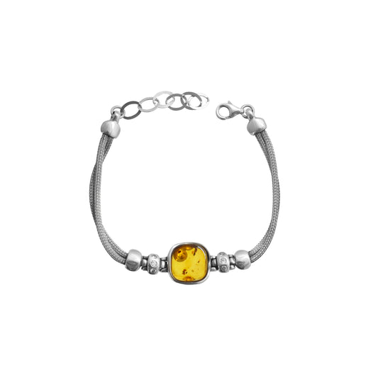 Pulsera doble hilo en plata de ley con dije cuadrada en piedra ámbar