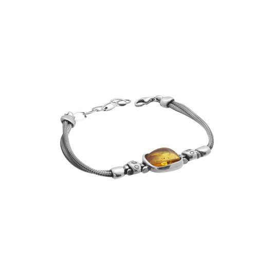 Pulsera doble hilo en plata de ley con dije cuadrada en piedra ámbar