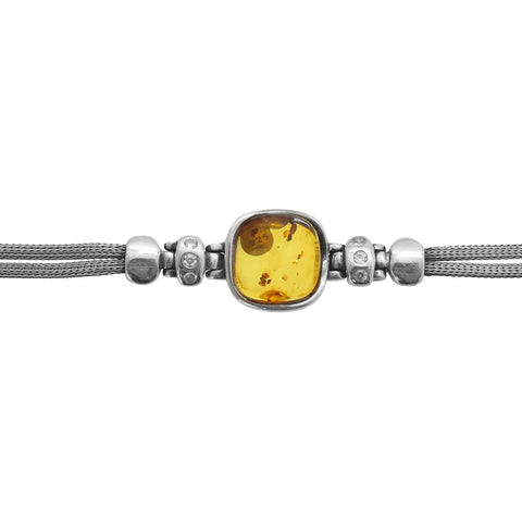 Pulsera doble hilo en plata de ley con dije cuadrada en piedra ámbar