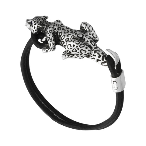 Pulsera de piel diseño Jaguar en plata de ley y piedra natural