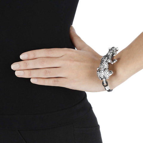 Pulsera de piel diseño Jaguar en plata de ley y piedra natural