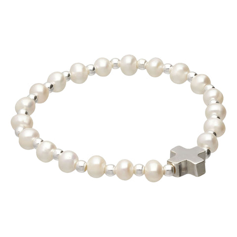 Pulsera elástica con perla y casquilla y dije de cruz en plata .925