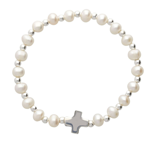 Pulsera elástica con perla y casquilla y dije de cruz en plata .925