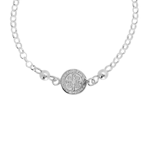 Pulsera con medalla San Benito y casquillas en plata .925