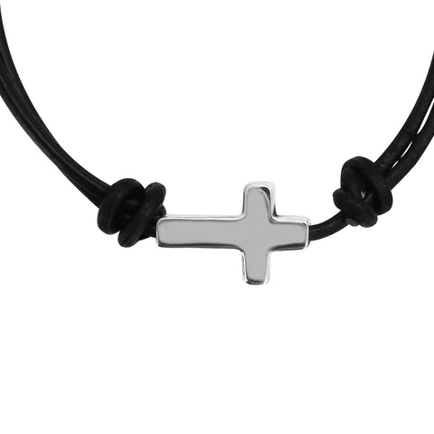 Pulsera ajustable con cruz en plata .925 y correa de piel