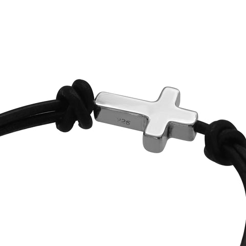 Pulsera ajustable con cruz en plata .925 y correa de piel