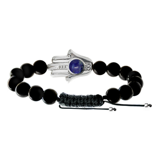 Pulsera mano de Fátima en plata de ley .925 con piedras naturales (Onix, Ojo de tigre, Lapislázuli)
