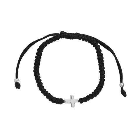 Pulsera tejida con hilo y dije de cruz en plata de ley