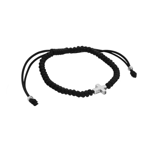 Pulsera tejida con hilo y dije de cruz en plata de ley