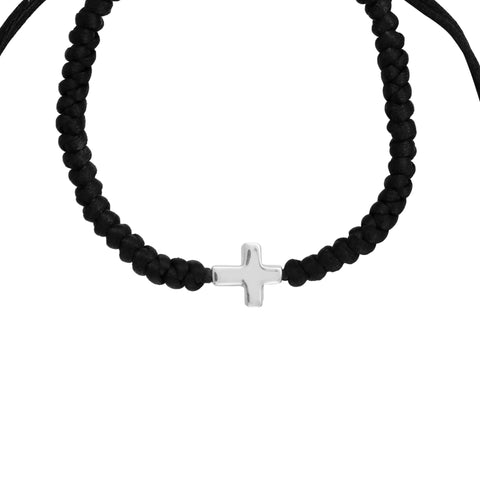 Pulsera tejida con hilo y dije de cruz en plata de ley