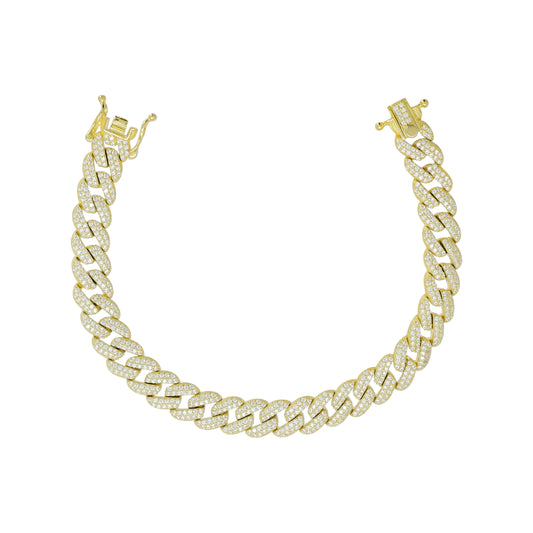 Pulsera eslabon ancho en plata con baño de oro amarillo 14K con zirconia