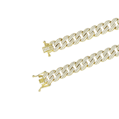 Pulsera eslabon ancho en plata con baño de oro amarillo 14K con zirconia