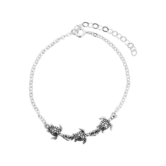 Pulsera tortuga de mar mini en plata de ley con terminado vintage