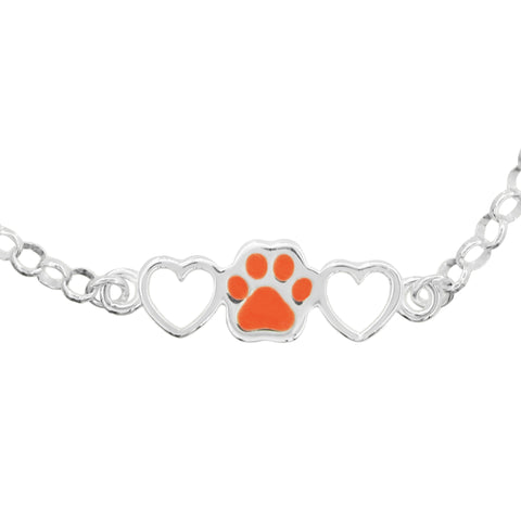 Pulsera de huella y corazón naranja en plata de ley .925