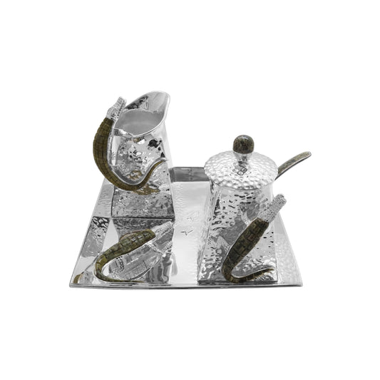 Juego de cremera y azucarera cocodrilo en baño de plata