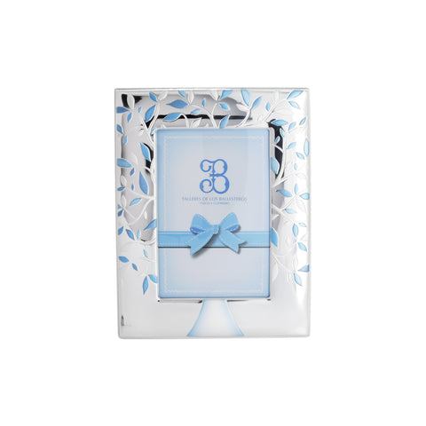 Marco diseño árbol hojas azul en baño de plata