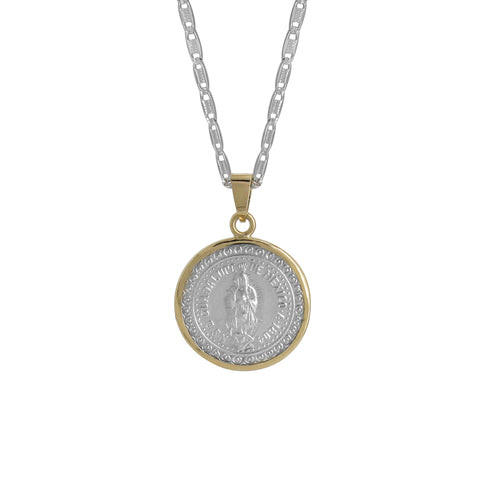 Medalla Virgen en plata con bisel de oro 14K