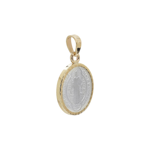 Medalla mini San Benito en plata con bisel de oro 14K