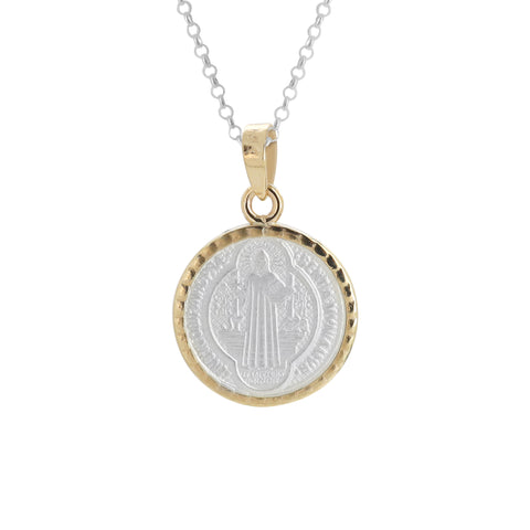 Medalla mini San Benito en plata con bisel de oro 14K