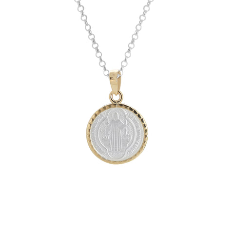 Medalla mini San Benito en plata con bisel de oro 14K